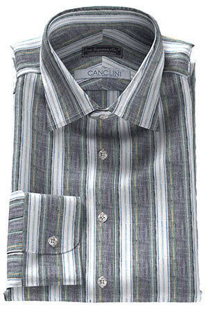 CANCLINI グリーン＆ネイビー ストライプ リネン(Y102417)